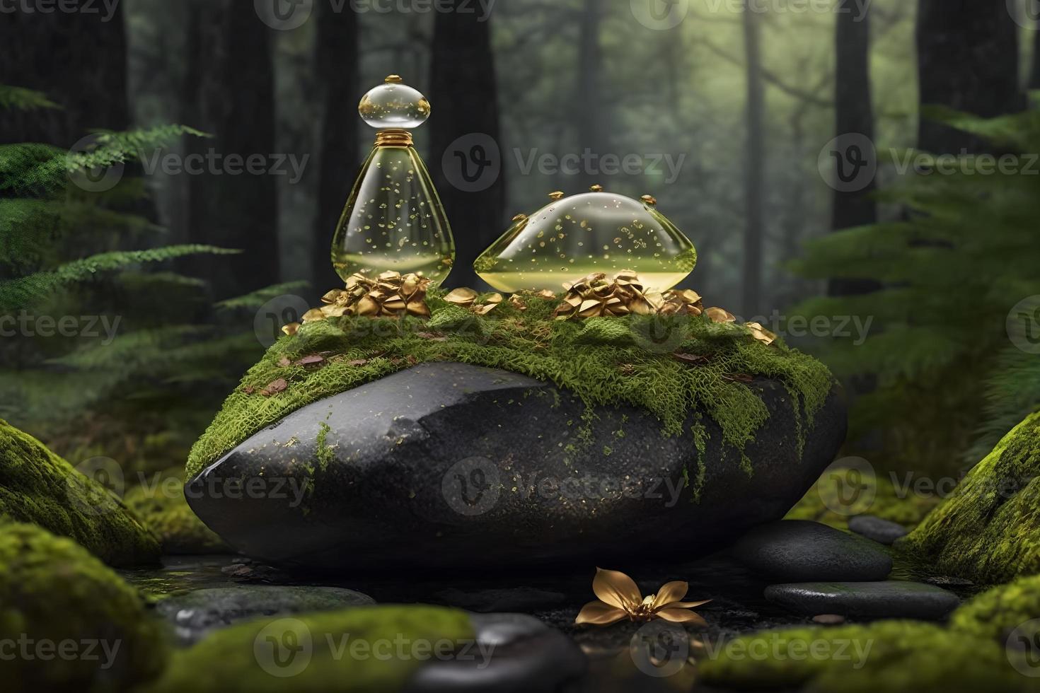 Perfume bottle in a green forest on a mossy substrate. Neural network generated art photo