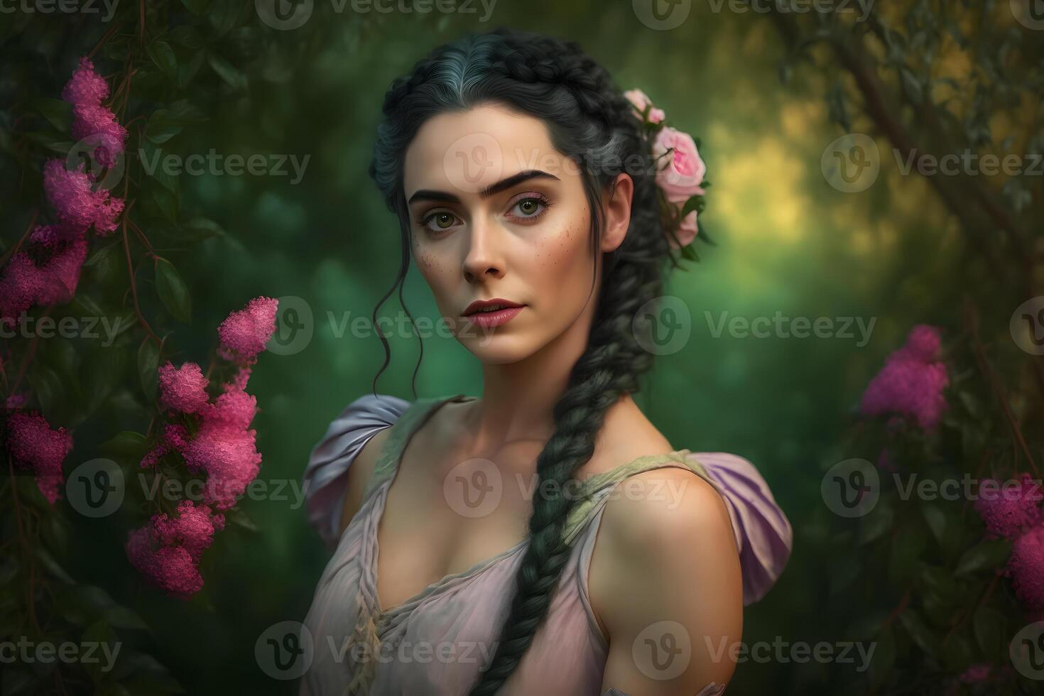 Beautiful woman with long braids in the forest. Neural network photo