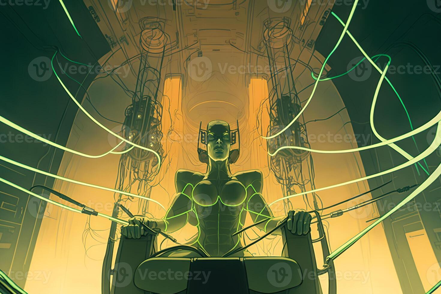 Cyber woman connected by wires to a neural network. Neural network photo