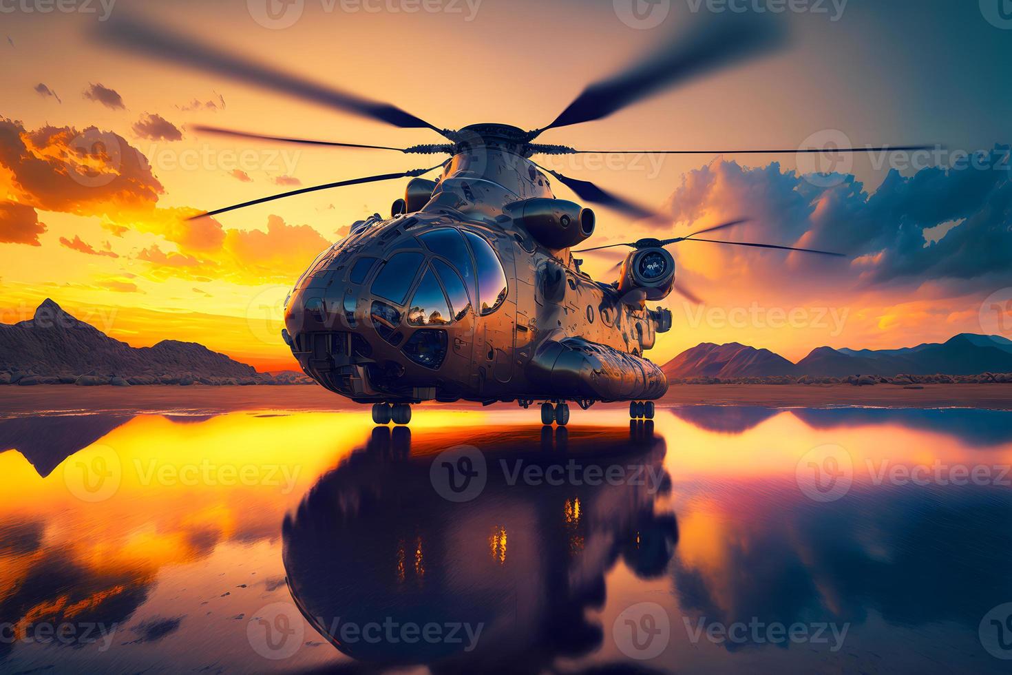 Modern futuristic army helicopter transport in city center. Neural network generated art photo