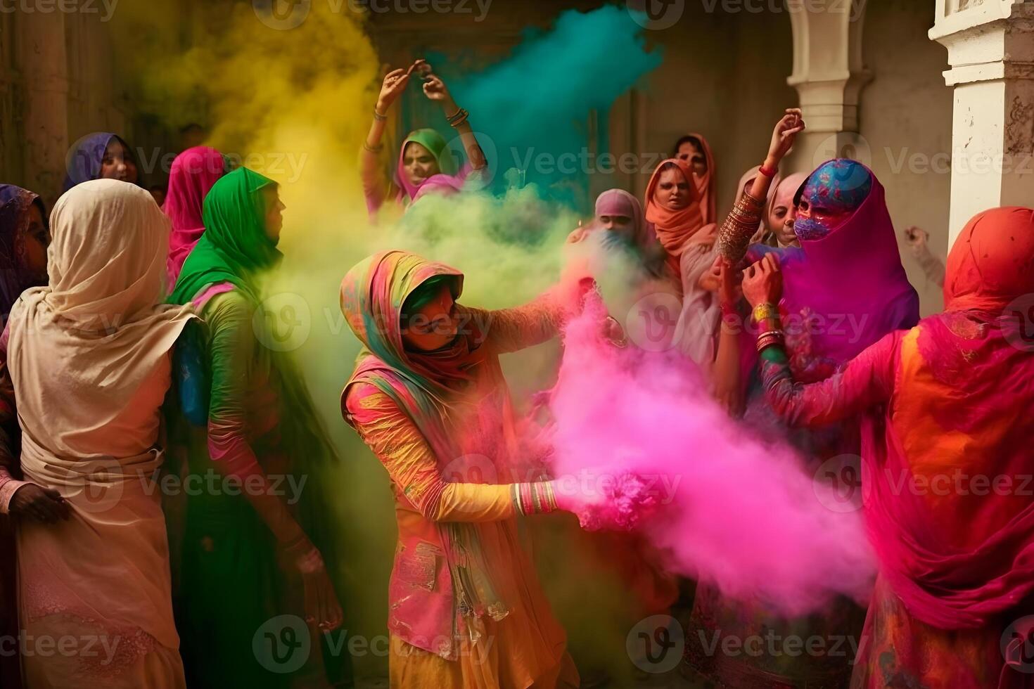 colored powder fired up, holi celebration. Neural network photo