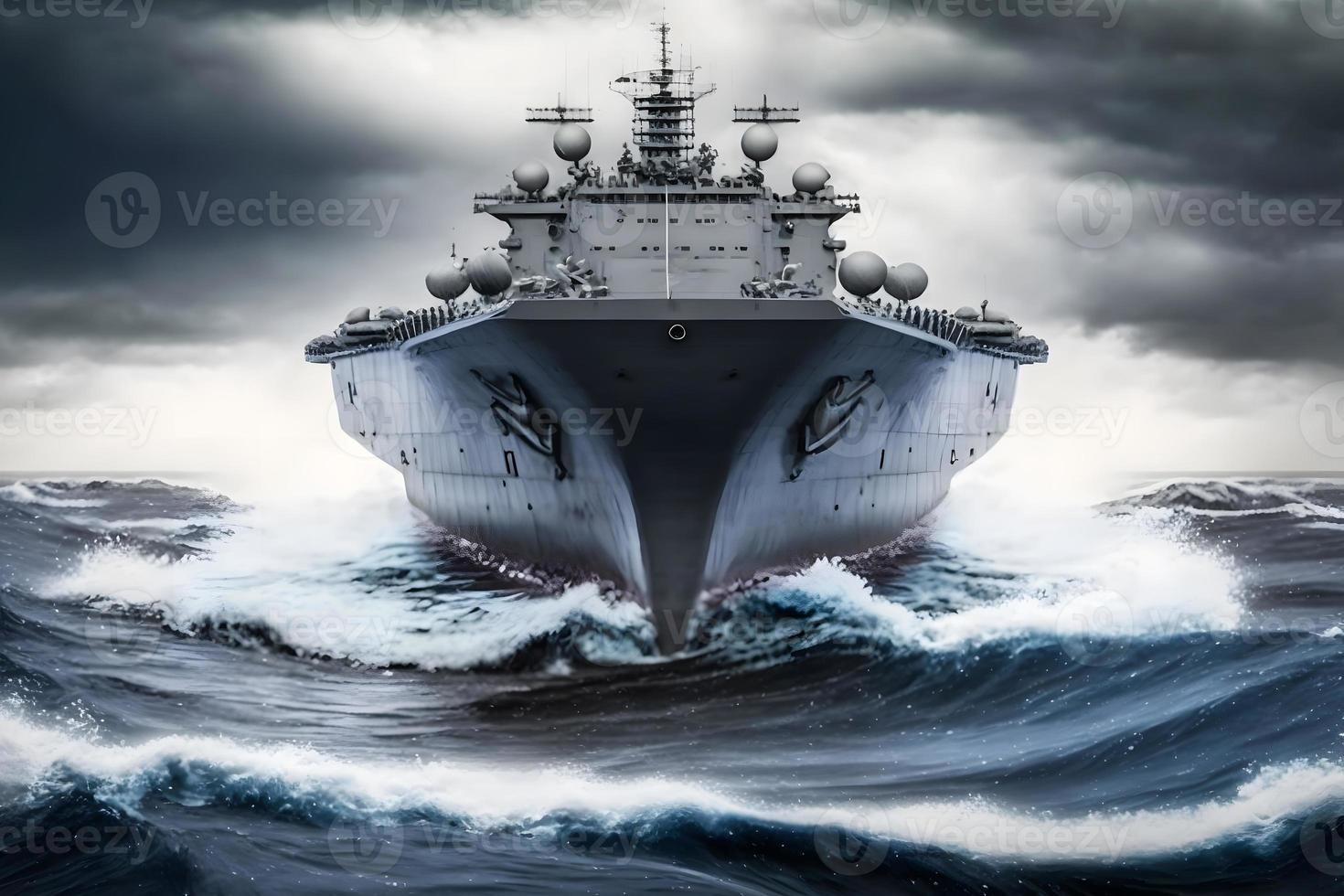 Navy aircraft carrier in wavy sea water. Neural network generated art photo