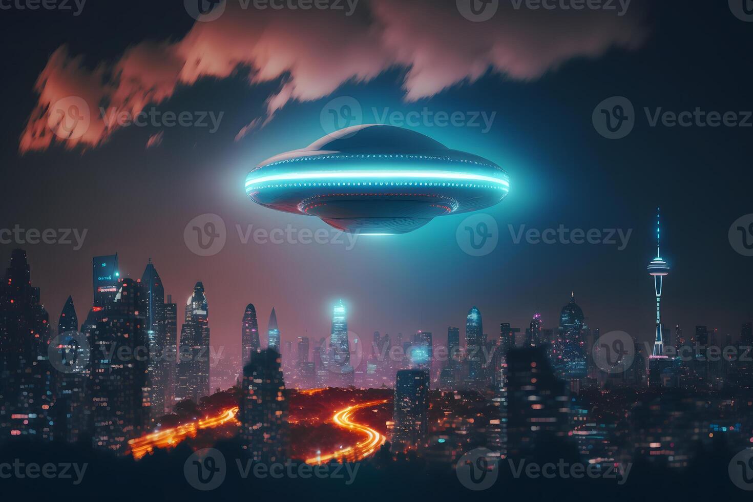 UFO object with glowing lights flying to city center on a rainy day. Neural network generated art photo