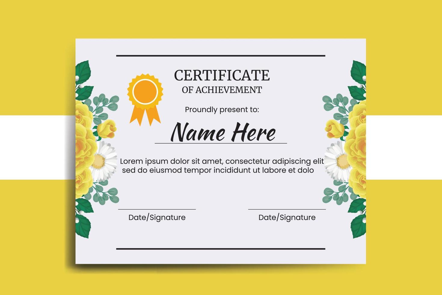 Certificate Template Yellow Rose Flower watercolor Digital hand drawn vector