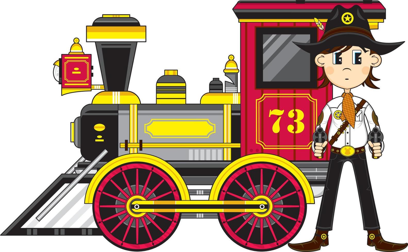 Cute Cartoon Wild West Cowboy Gunslinger with Steam Train vector
