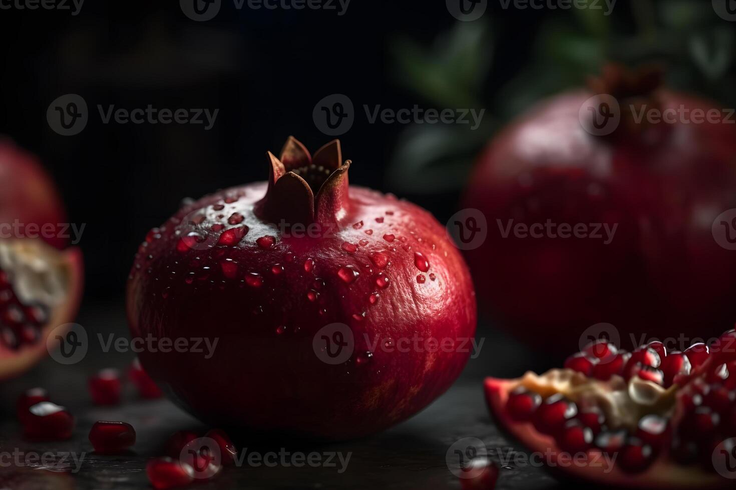 Ripe pomegranate with juicy seeds, on old wooden table. Neural network photo