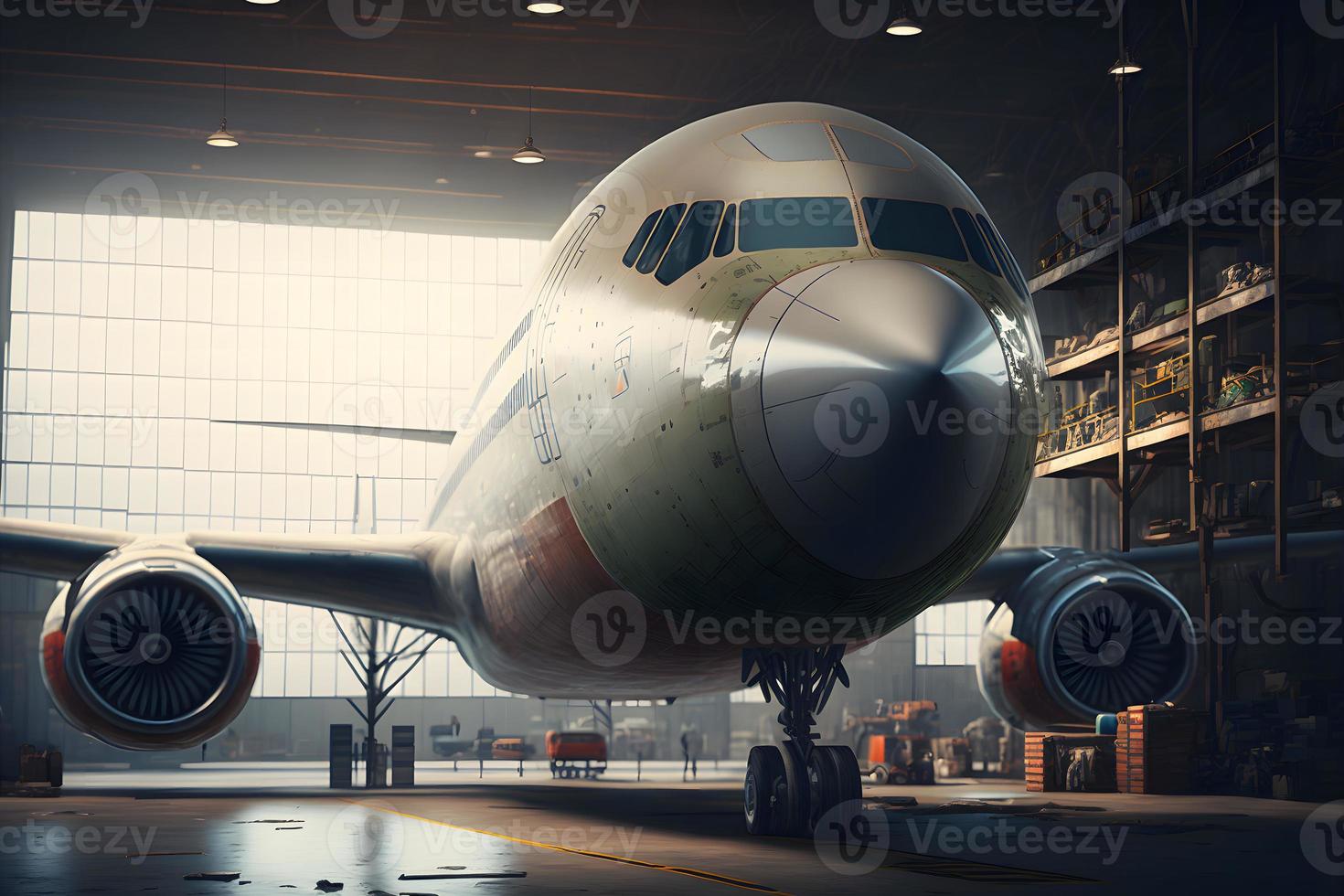 grande pasajero aeronave en mantenimiento en aeropuerto hangar. neural red generado Arte foto