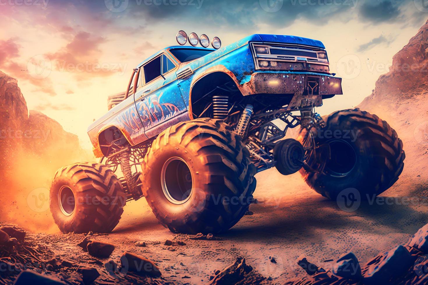 Bigfoot monster truck on wasteland junkyard. Neural network generated art photo