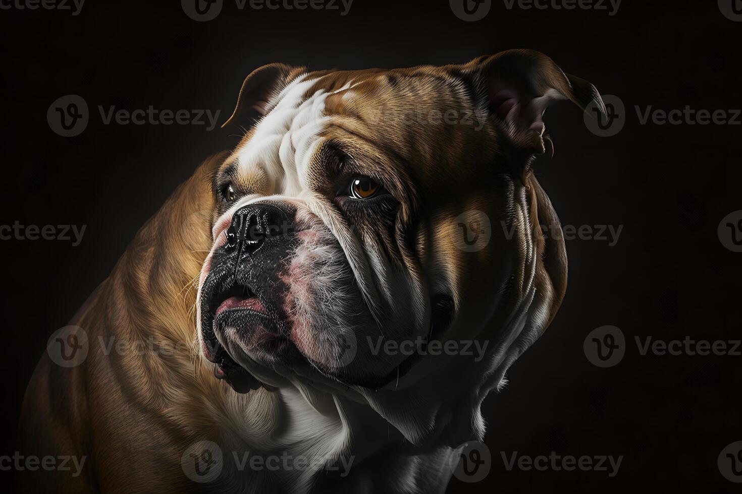 Portrait of an old english bulldog on a black background. Neural network photo