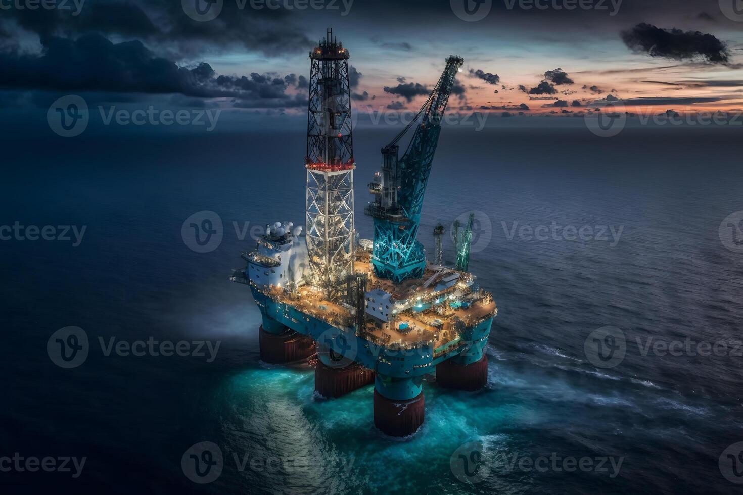 Aerial view offshore drilling rig jack up at the offshore location during sunset. Neural network generated art photo