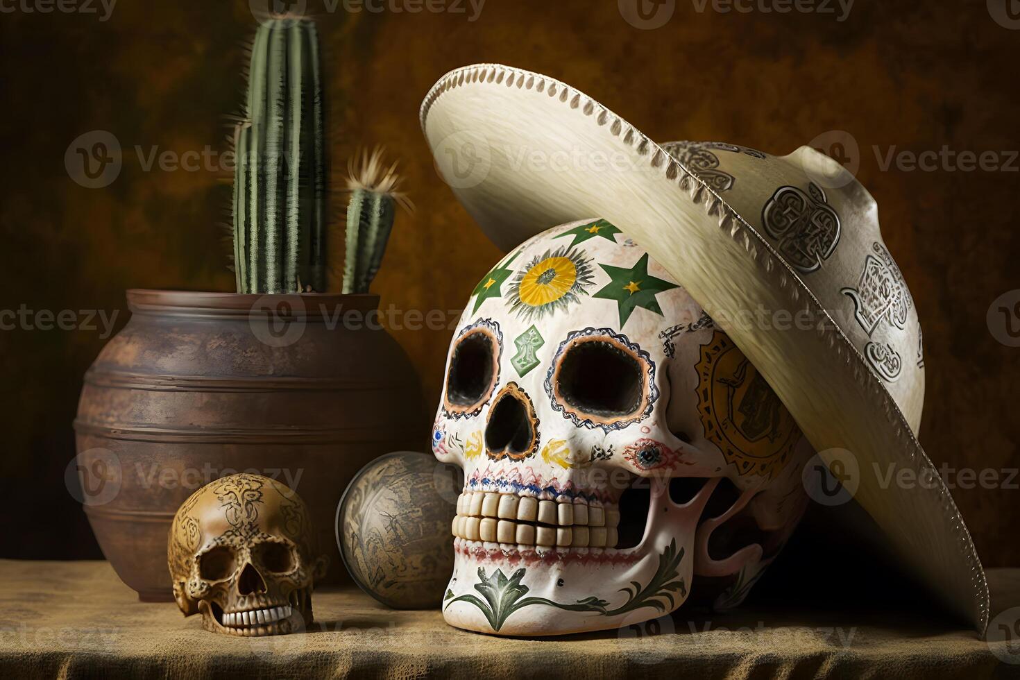 Halloween Dia De Los Muertos Celebration With Sugar Skull. Neural network photo