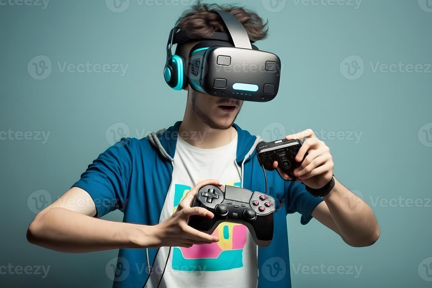 Man wearing virtual reality goggles. Neural network photo