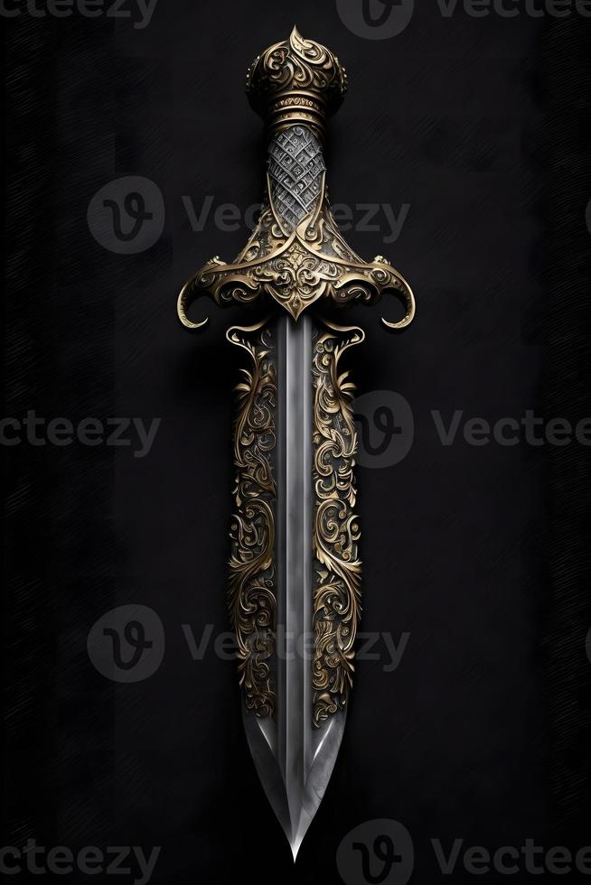 Medieval sword and scabbard. Fantasy golden sword with long blade. Neural network generated art photo