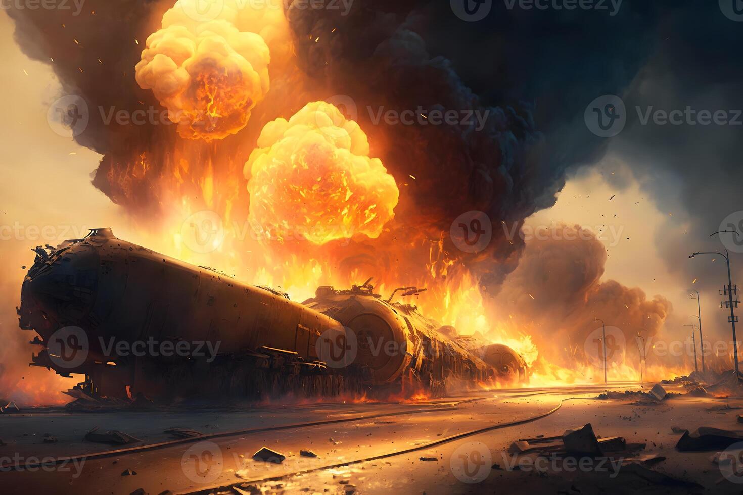 explosión de vagones a el ferrocarril estación. neural red ai generado foto