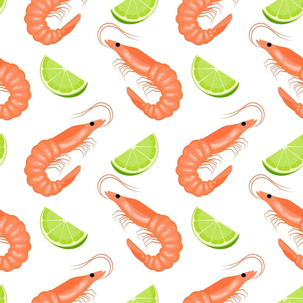 Seamless pattern with shrimps and limes on a white background. Background with seafood, vector