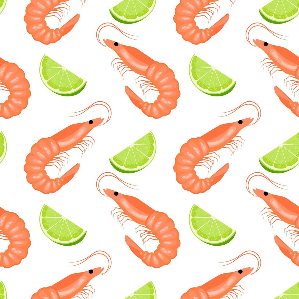 Seamless pattern with shrimps and limes on a white background. Background with seafood, vector