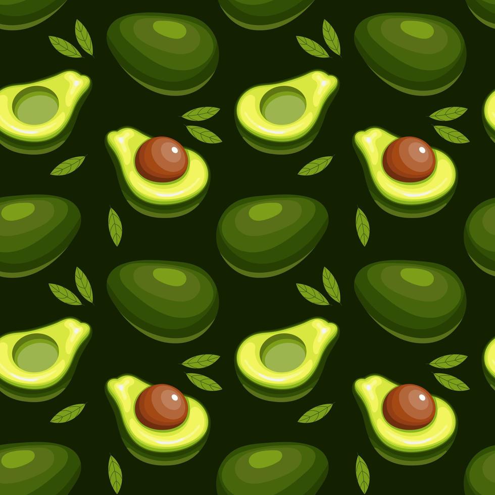 Seamless pattern, colorful avocados with leaves on a green background. Fruit background, print, textile, vector