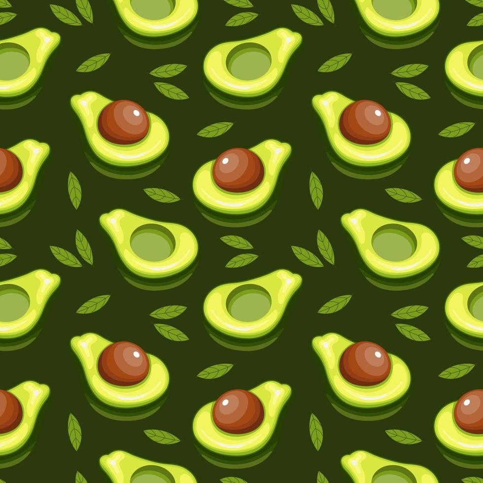 Seamless pattern, colorful avocados with leaves on a green background. Fruit background, print, textile, vector