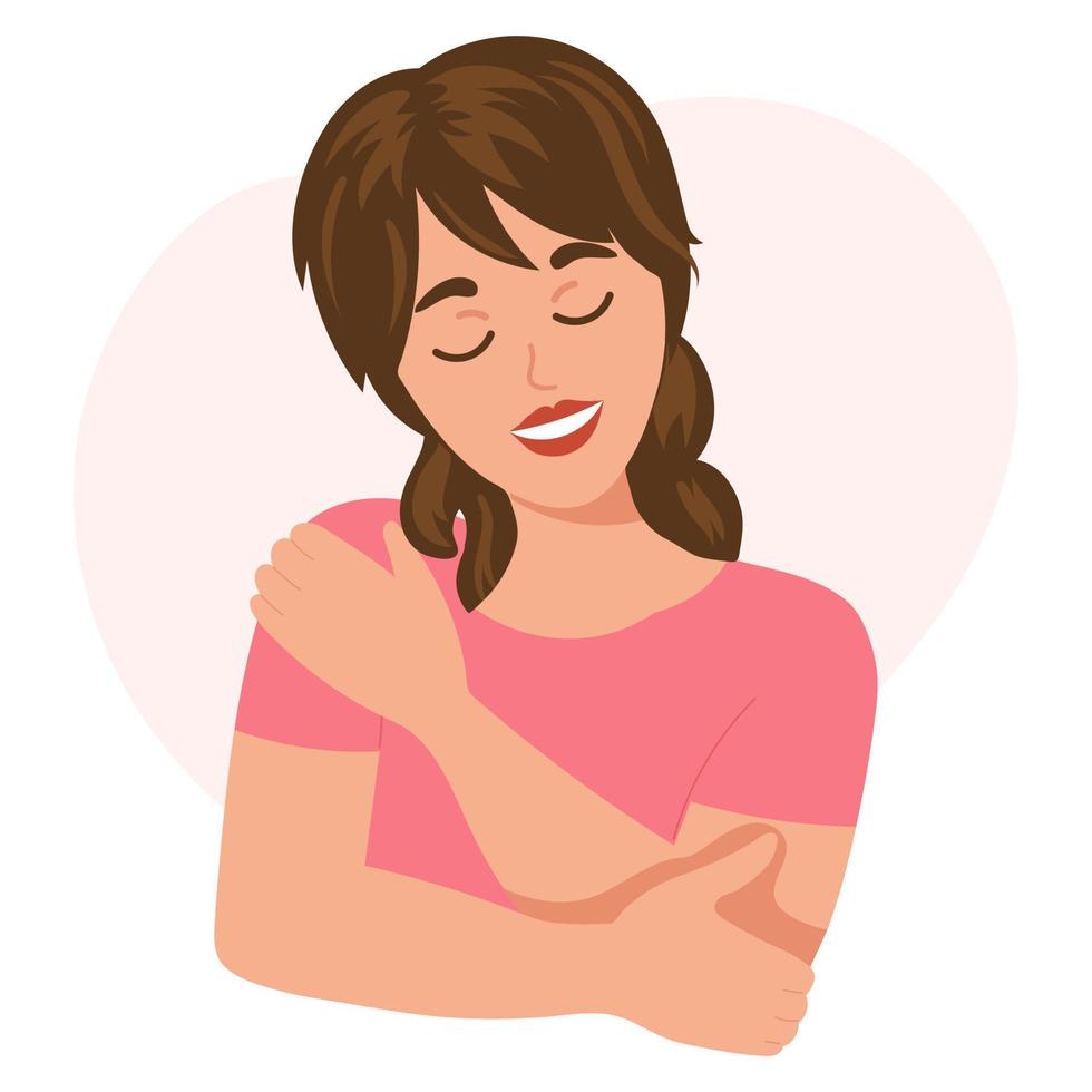 Love yourself. Nice young woman hugging herself. Love your body concept. Flat style illustration, vector