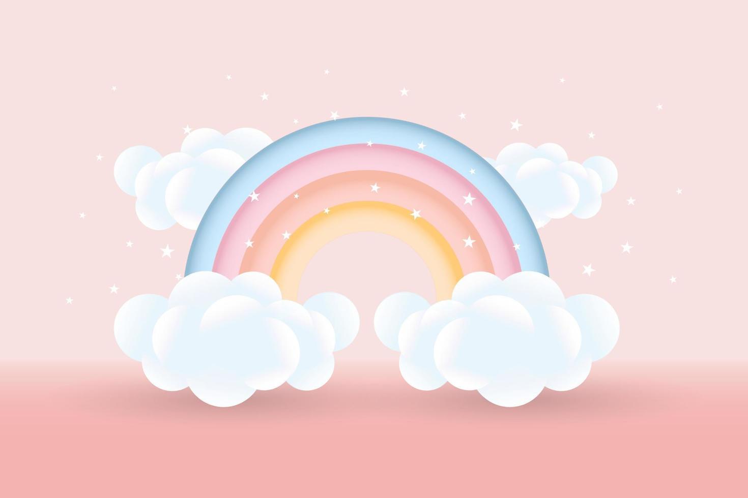 3d baby shower, rainbow with clouds and stars on a pink background, childish design in pastel colors. Background, illustration, vector