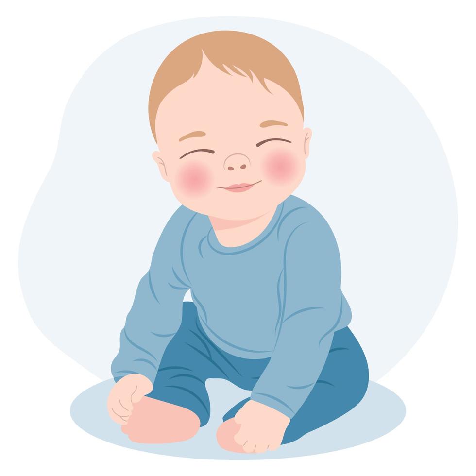 lindo bebé alegre con ropa azul, bebé recién nacido. tarjeta infantil, impresión, ilustración, vector