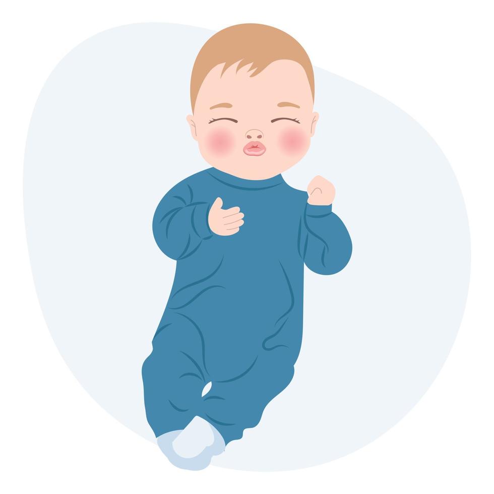 lindo bebé alegre con ropa azul, bebé recién nacido. tarjeta infantil, impresión, ilustración, vector