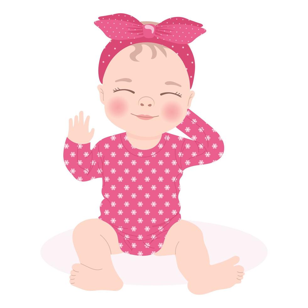 Cute baby girl in a pink dress with a bow, newborn baby girl. Children's card, print, vector