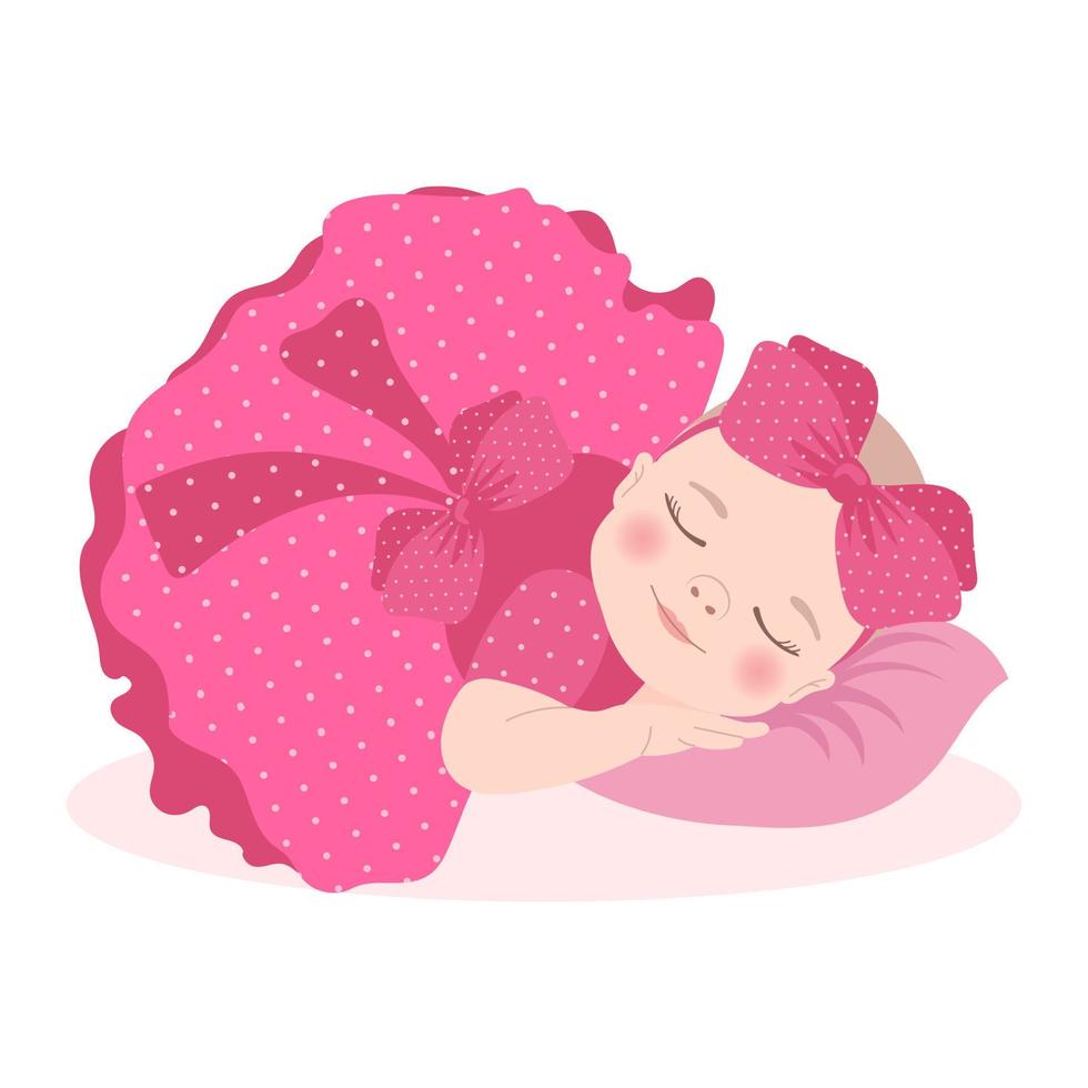 Cute sleeping baby girl in a pink dress with a bow, newborn baby girl. Children's card, print, vector