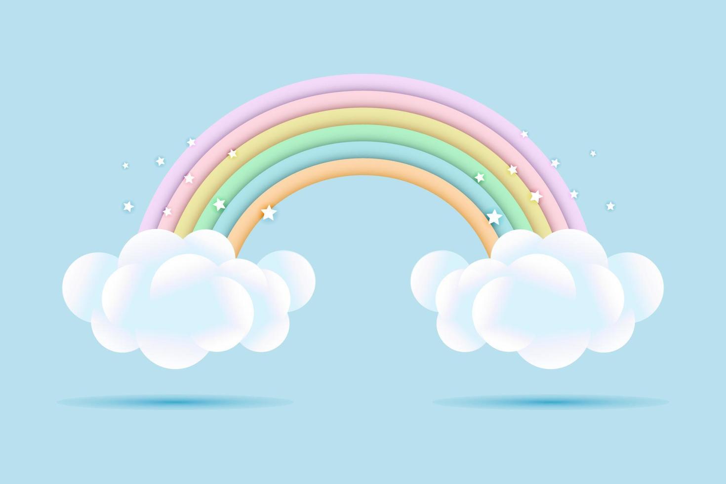 3d baby shower, rainbow with clouds and stars on a pale blue background, childish design in pastel colors. Background, illustration, vector. vector