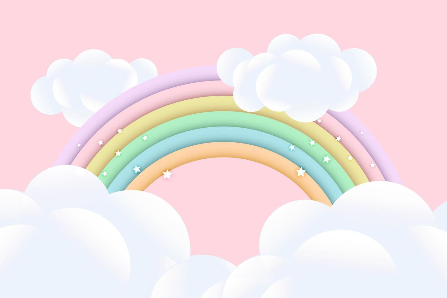 3d bebé ducha, arco iris con nubes y estrellas en un rosado fondo, infantil diseño en pastel colores. fondo, ilustración, vector