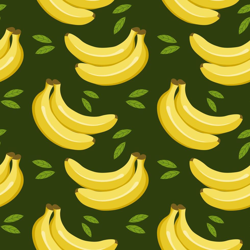 Seamless pattern, colorful bananas and leaves on a green background. Fruit background, print, textile, vector
