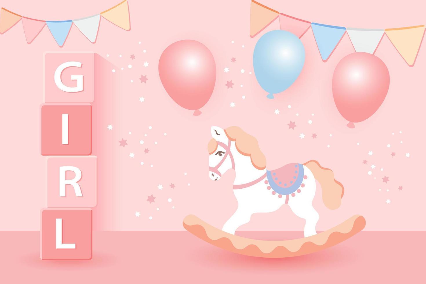 3D baby shower for girls. Children's toys, rocking horse and balloons in pastel colors on a starry background. Game room background, vector