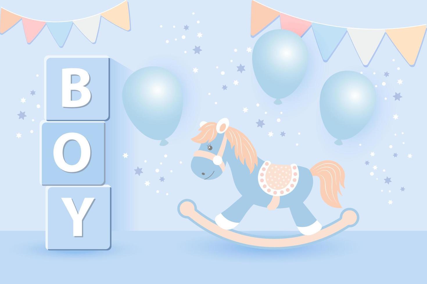 3D baby shower for boys. Children's toys, rocking horse and balloons in pastel colors on a starry background. Game room background, vector