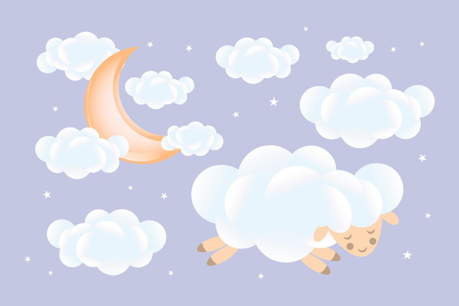 3d bebé ducha. oveja duerme en un nube con un creciente Luna con nubes en un suave azul antecedentes. para niños diseño en pastel colores. fondo, ilustración, vector. vector