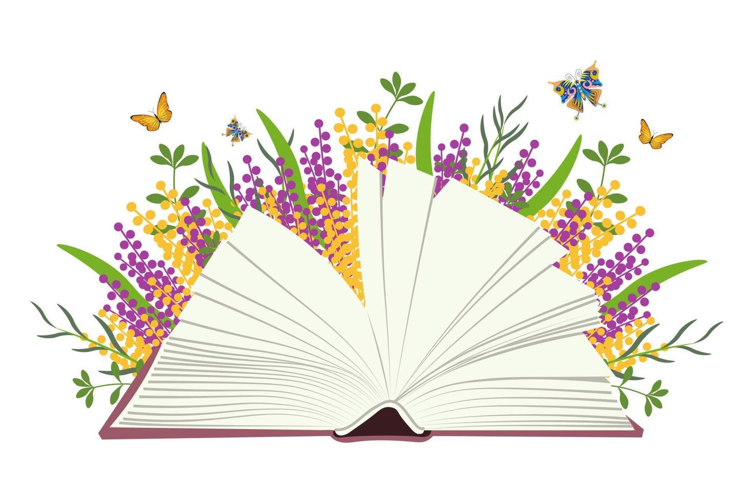 An open book with blank pages on a white background with wildflowers and butterflies. Illustration, poster, banner, vector