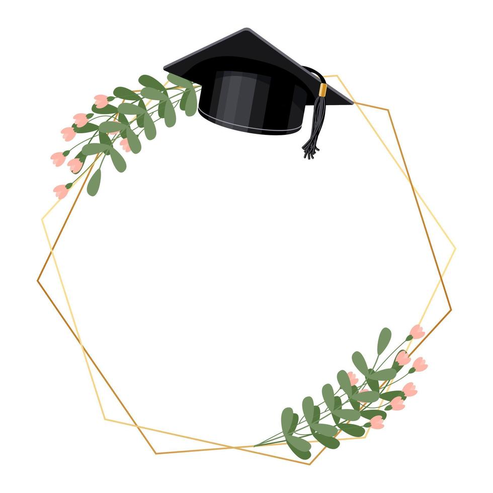 Golden frame with graduation cap, certificate and flowers. Design for graduate diploma, awards. Education concept. Vector