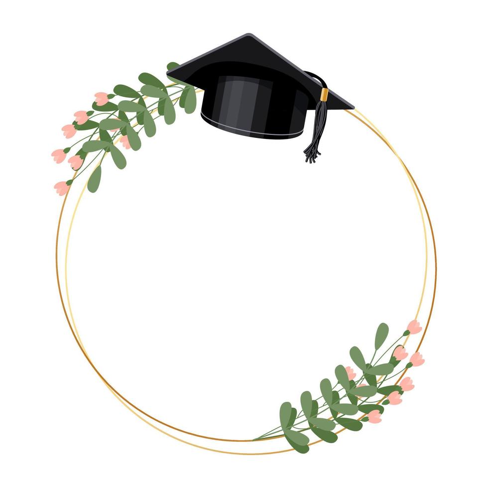 Golden frame with graduation cap, certificate and flowers. Design for graduate diploma, awards. Education concept. Vector
