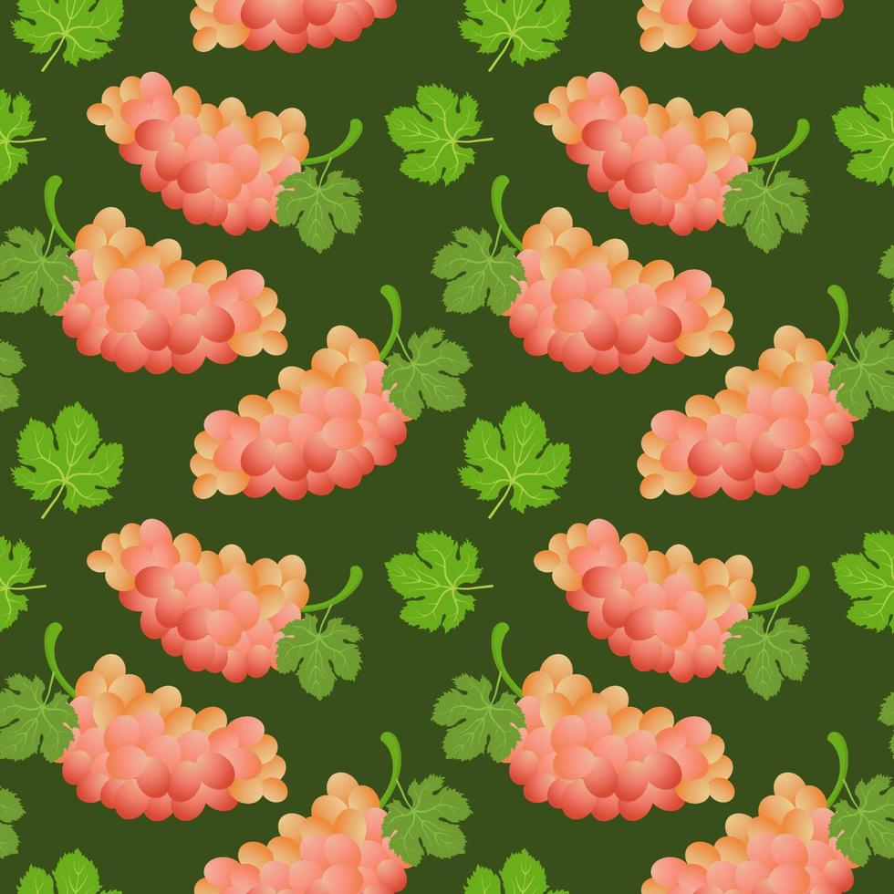 Seamless pattern with bunches of grapes and leaves on a green background. Fruit background, print, textile, vector