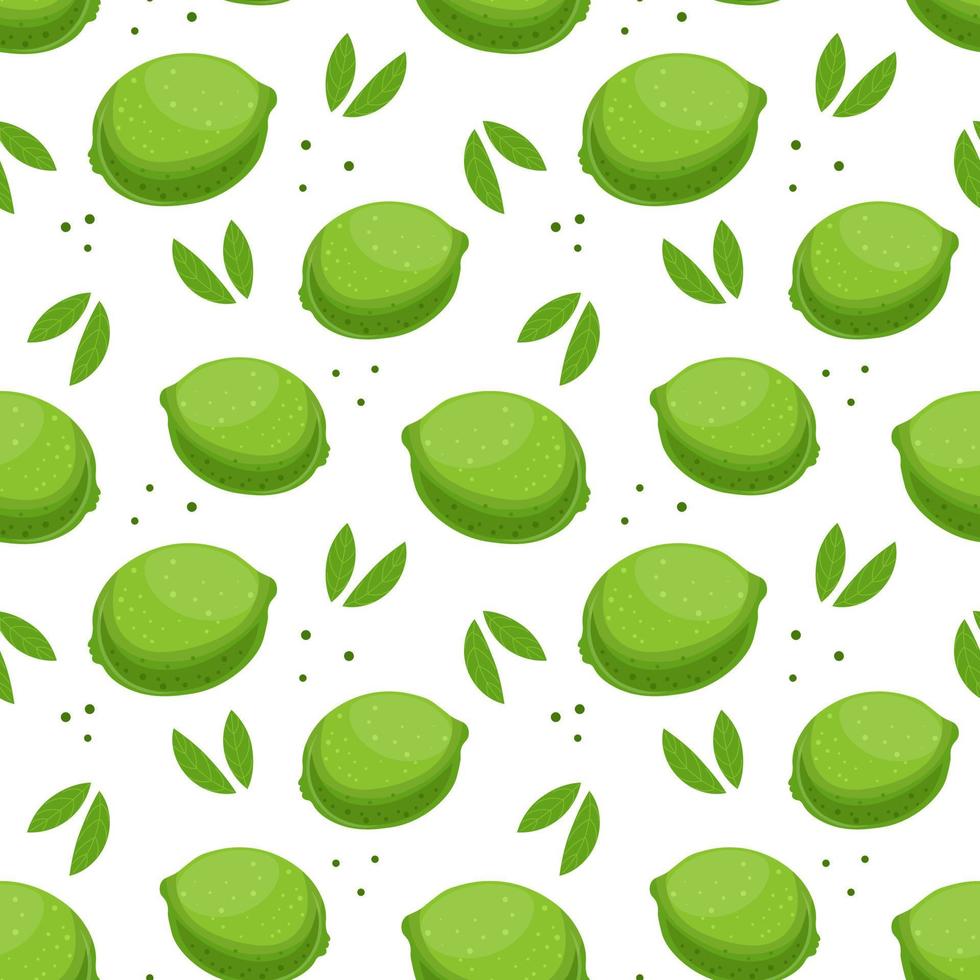 Seamless pattern, colorful limes and leaves on a white background. Fruit background, print, textile, vector