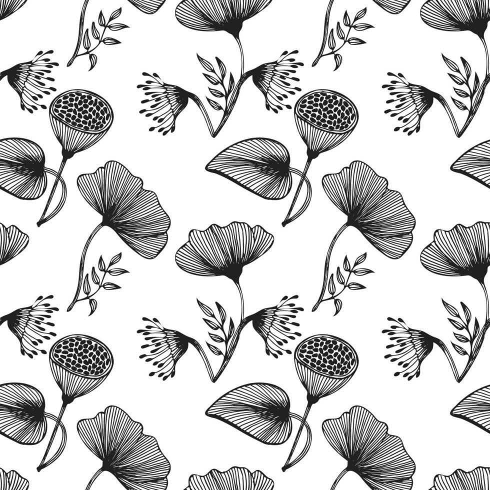 Seamless pattern, hand drawn outline poppies on a white background. Line art, background, textile, vector