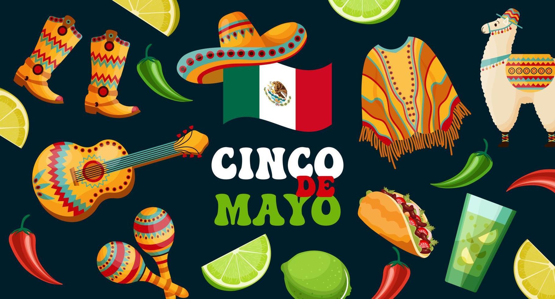 Cinco de mayo banner with symbols of Mexico, Mexico flag, maracas, sambrero, chili, poncho, lemon, llama, cowboy boots and guitar on dark background. Poster, holiday background, vector