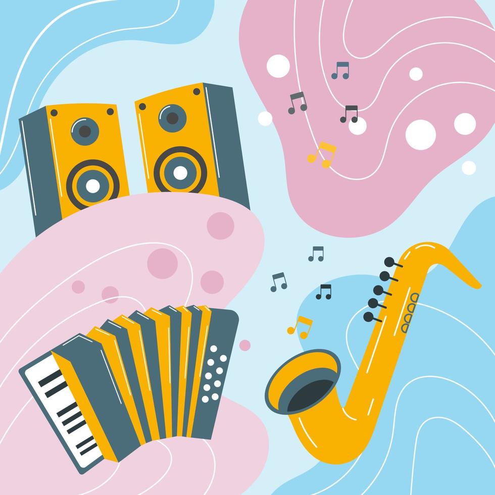 Musical instruments on a colored background in a boho groove style. Pastel colors. Background, poster, print, vector