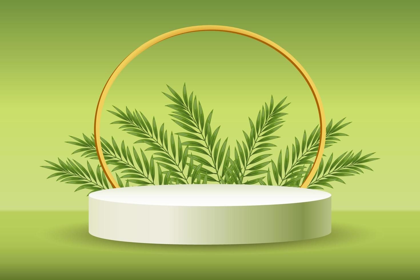 White podium with palm leaves for the presentation of products on a delicate green background. 3D illustration, vector