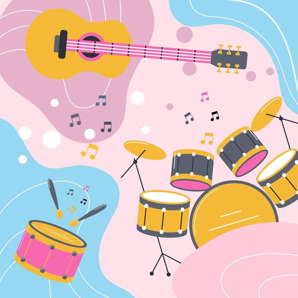 Musical instruments on a colored background in a boho groove style. Pastel colors. Background, poster, print, vector