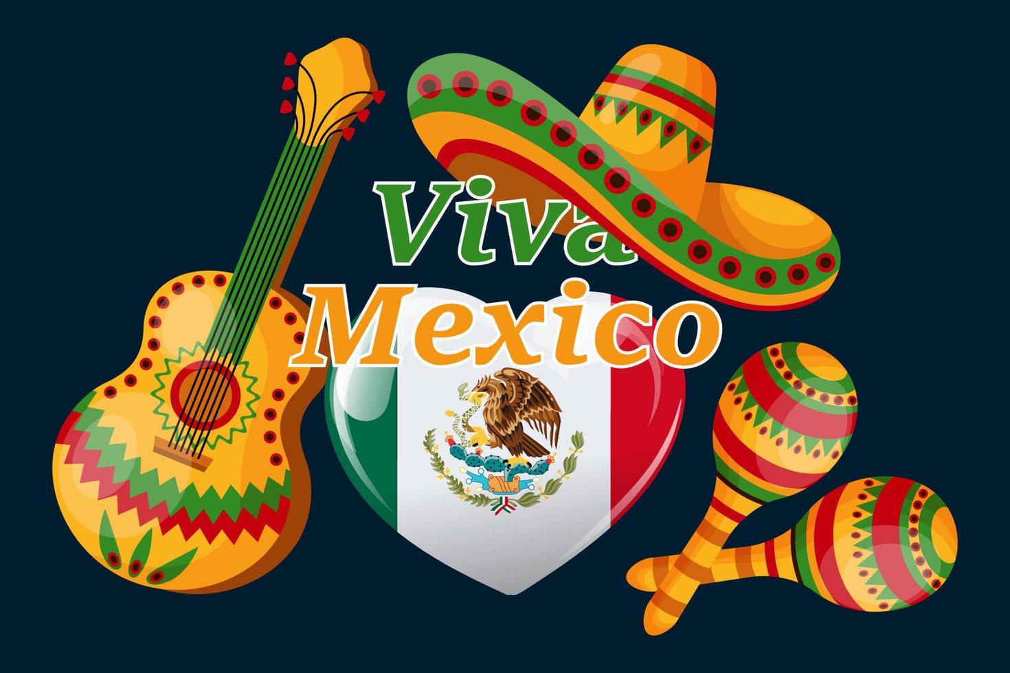 Viva mexico banner, heart shaped mexico flag, maracas, sombrero and guitar on dark background. Poster, vector