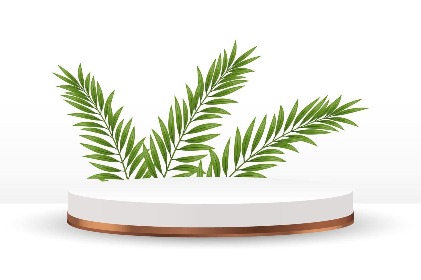 White podium with bronze trim and palm leaves on a white background. 3D illustration, vector