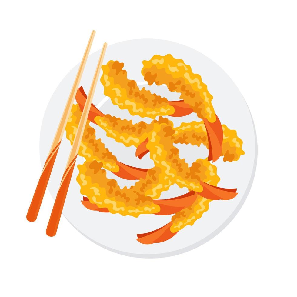 Japanese tempura shrimp, fried shrimp in a plate with chopsticks. Asian seafood. Illustration, vector