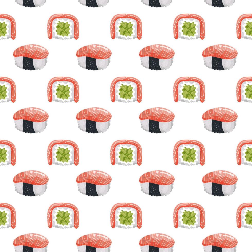 Seamless pattern with sushi and rolls on a white background. Asian seafood. Food background, vector
