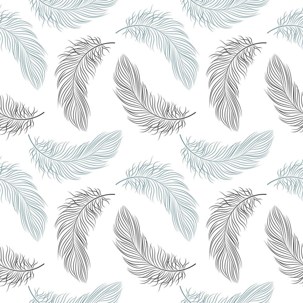 Seamless pattern with delicate blue feathers on a white background. Background, textile, vector