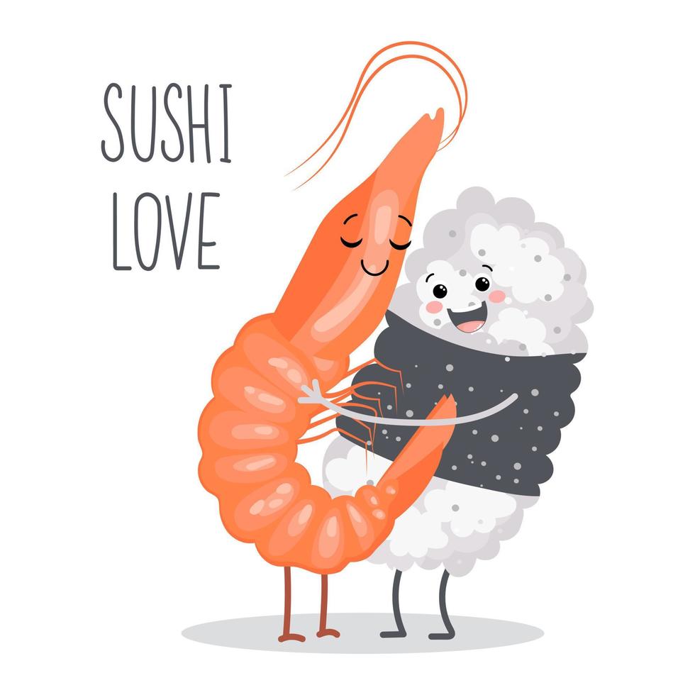 Cartoon illustration of sushi love hugging couple, shrimp hugging rice. Asian food icon, restaurant menu, vector